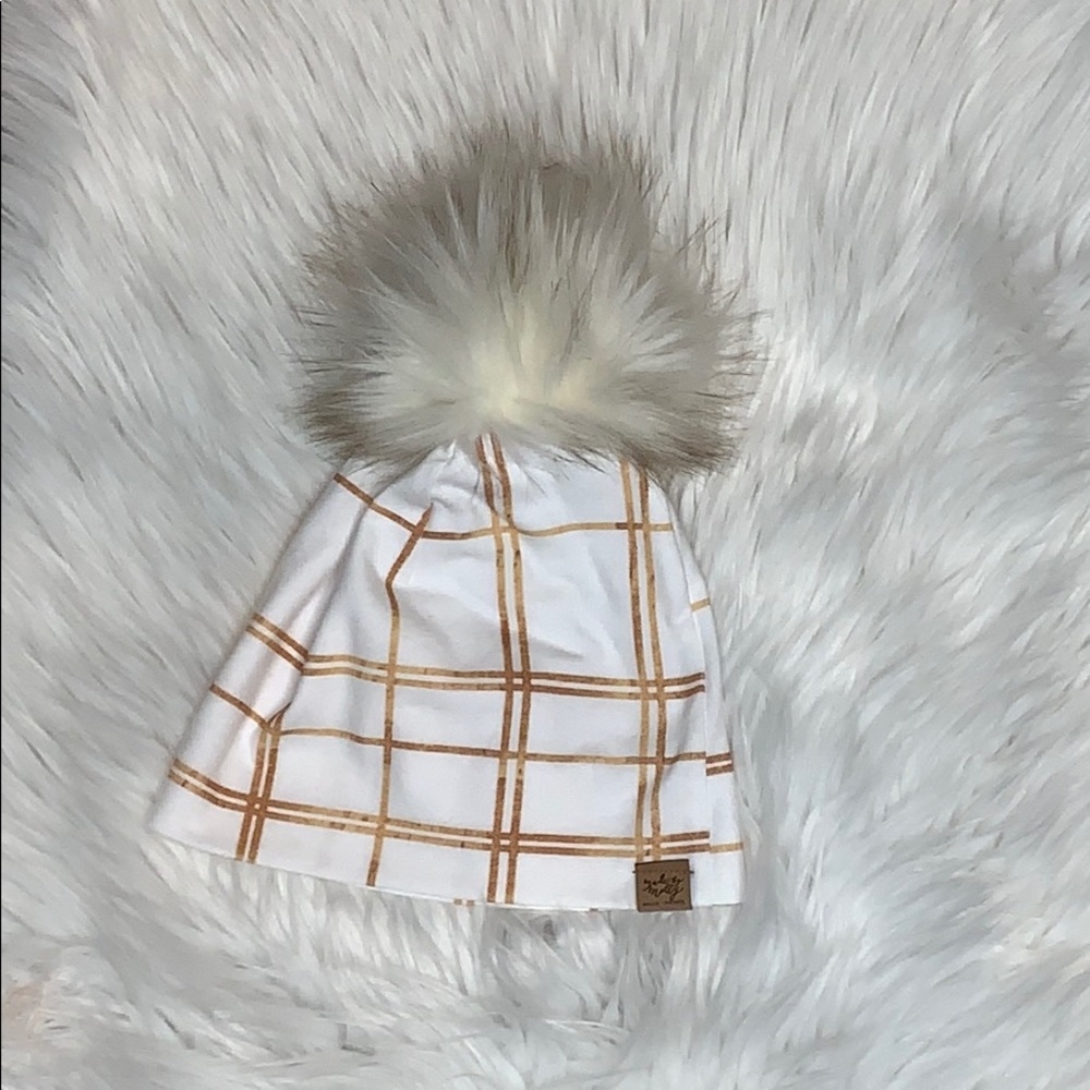Baby White with Gold Stripes Fur Pom Beanie